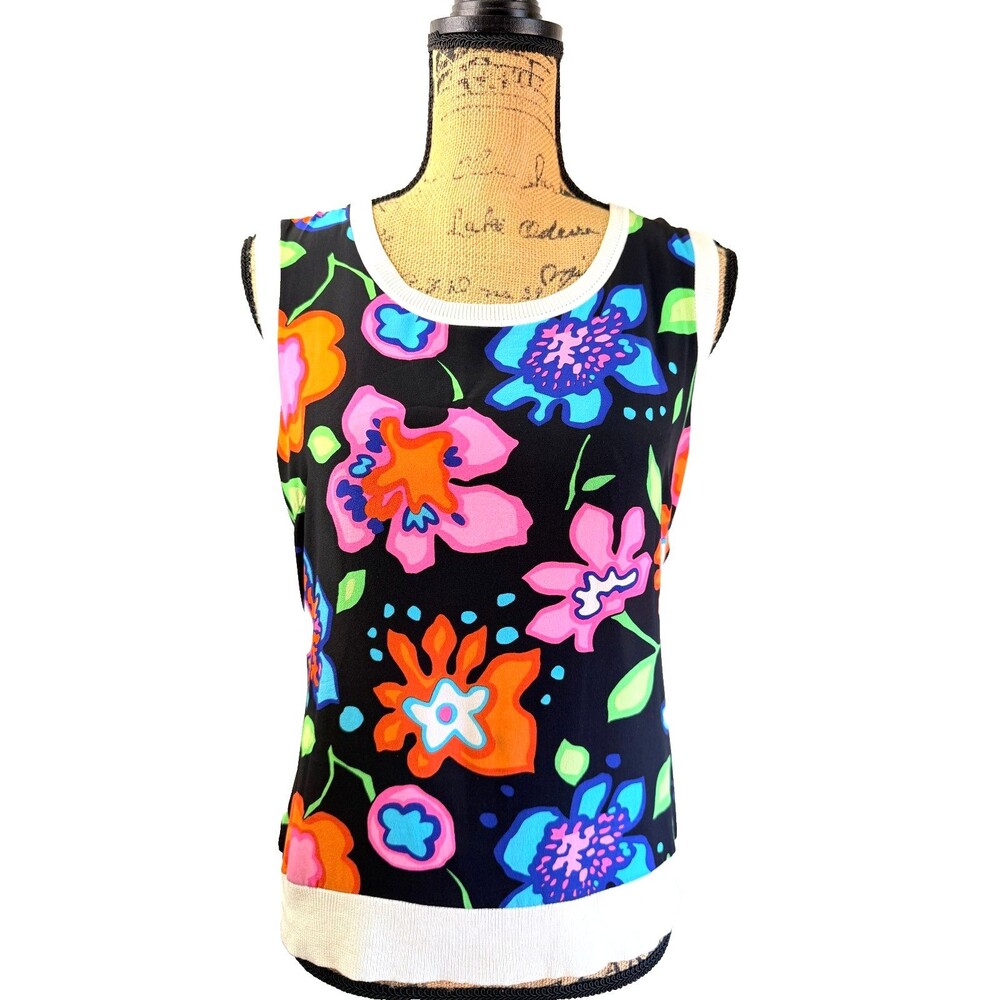 Carlisle Women's Black Floral Front White Knit Back Sleeveless Top Sz S-M